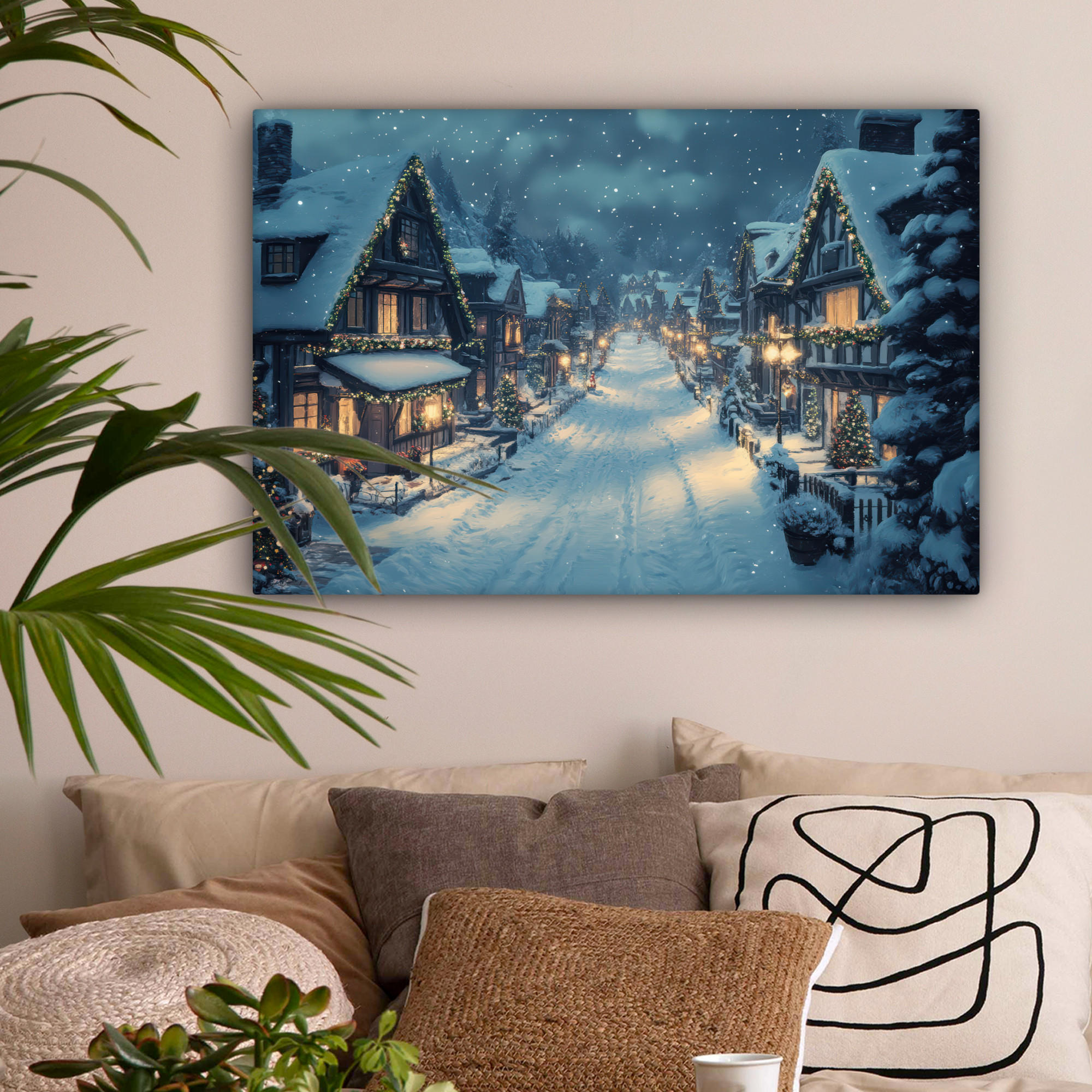 LEINWANDBILD Weihnachtsdorf - Weihnachten - Schnee - Winter Gemälde 60x40 cm - Dunkelblau, Textil (60/40cm) - MuchoWow