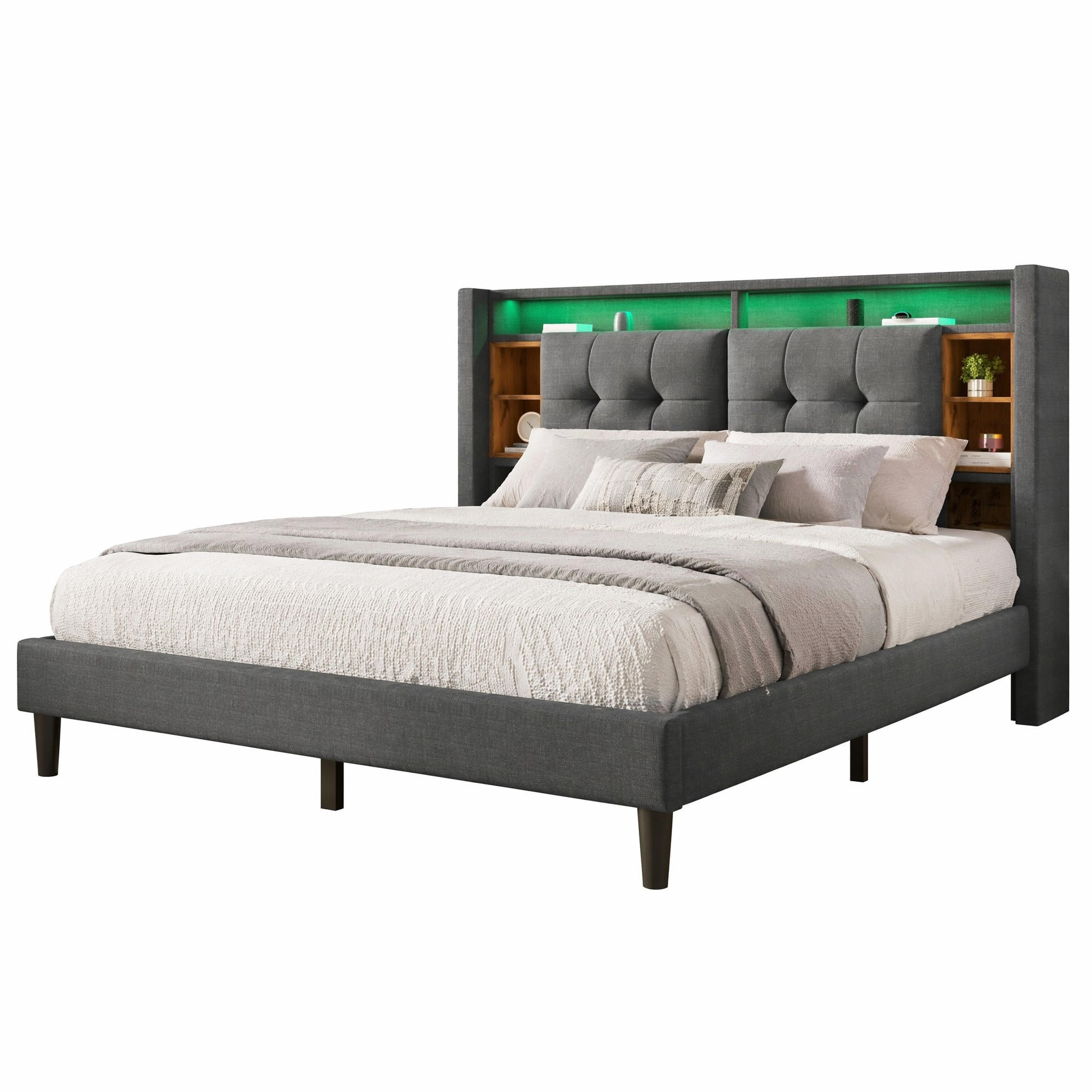 ČALOUNĚNÁ POSTEL 140/200 cm v šedé barvě s úložným čelem, LED a USB - šedá, kov/kompozitní dřevo (140/200cm) - CHICFURN