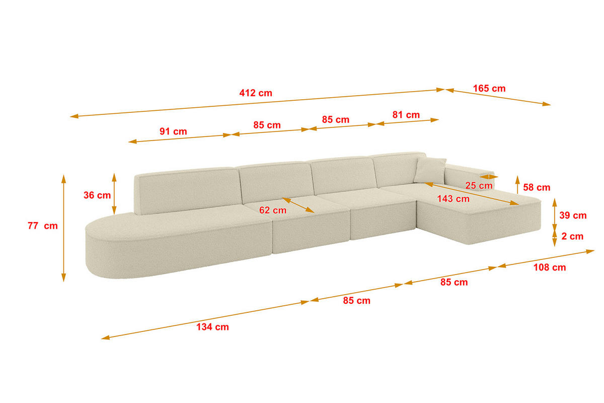 ECKSOFA Ottomane Rechts IREA-L3-v4 - 412x165x77 cm Beige - Creme, Holzwerkstoff/Textil (412/165cm) - ALTDECOR