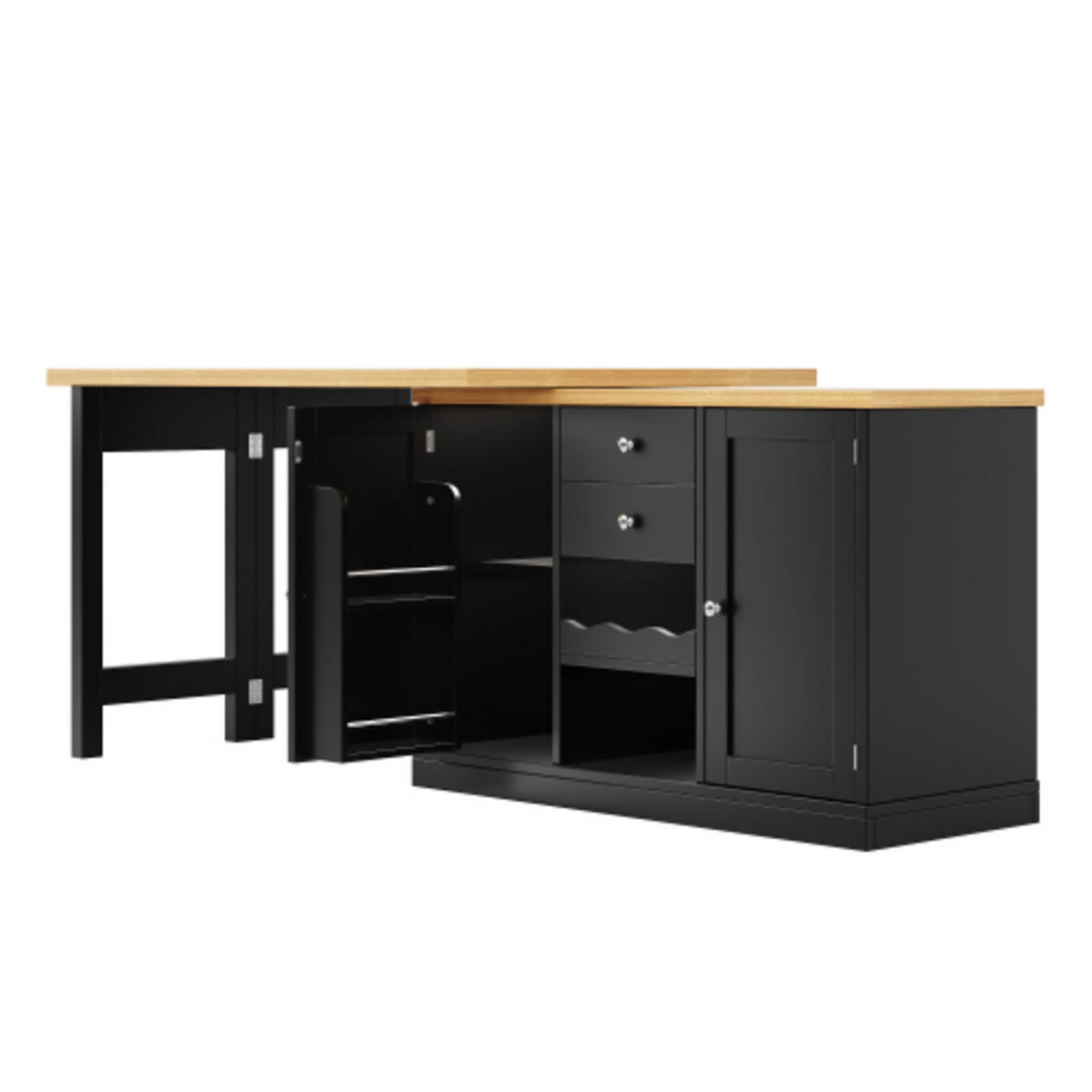 KÜCHENINSEL 120-197×40×74 cm aus MDF und Metall mit 360° drehbarer ausziehbarer Tischplatte, schwarz - Schwarz, Holzwerkstoff (197/74/40cm) - Luhomfu
