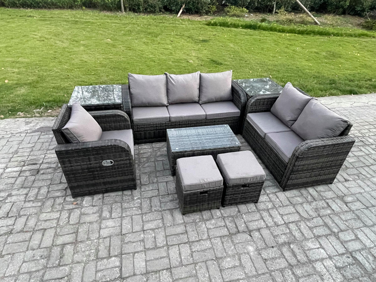 GARTENSET Polyrattan Dunkelgrau 6-Sitzer - Dunkelgrau/Grau, Glas/Kunststoff - Fimous