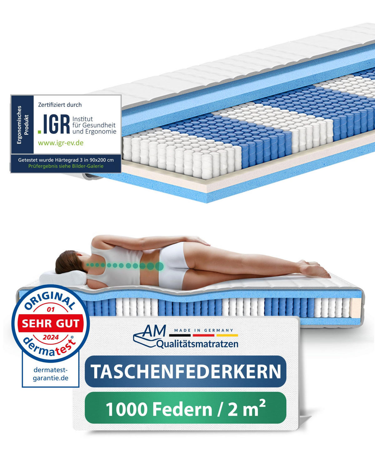 TASCHENFEDERKERNMATRATZE 1000 Federn 135/190 cm H3 - 24cm Höhe & Tencel Bezug - Weiß, Textil (135/190cm) - AM Qualitätsmatratzen