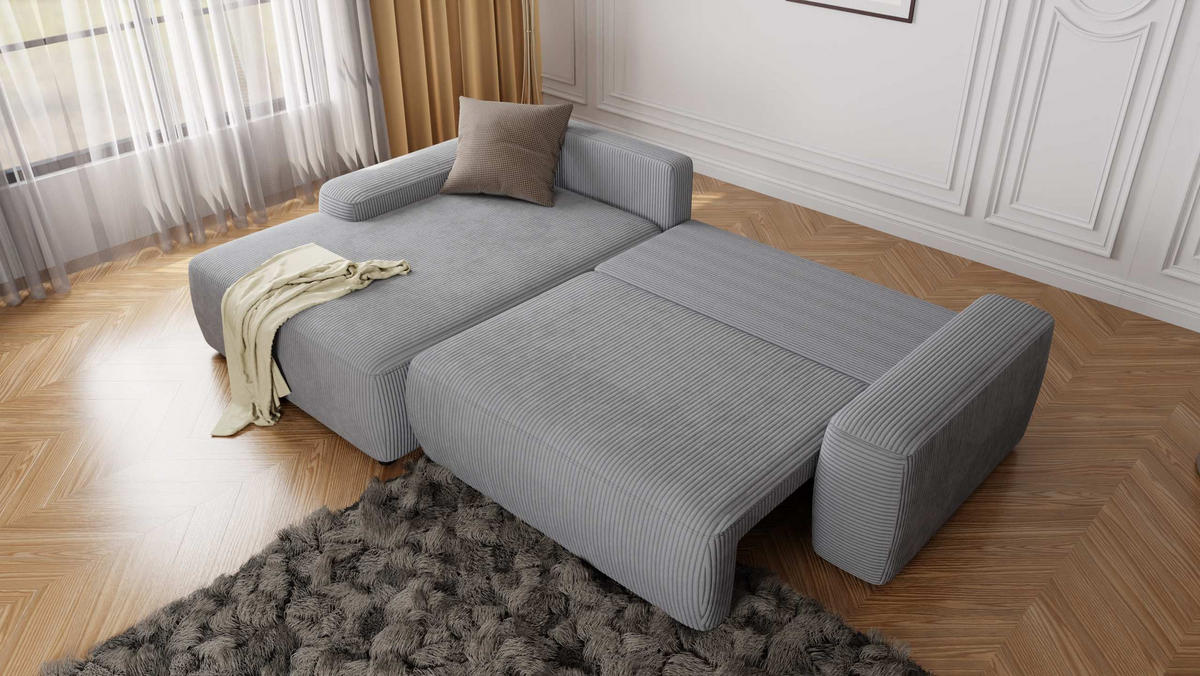 ECKSOFA Nancy Hellgrau Cord - Hellgrau/Schwarz, Holz/Kunststoff (264/162cm) - S-Style Möbel