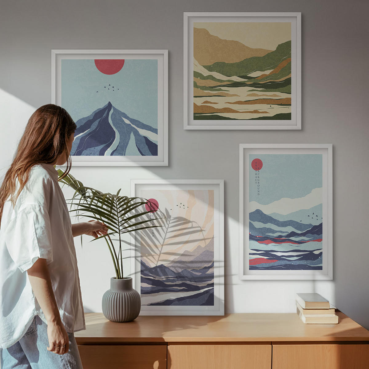 WANDBILDER 4er-Set - 50x50 cm & 40x60 cm Weißer Rahmen - Abstrakte Berglandschaften - Weiß, Kunststoff (50/50cm) - ArtPrintCave