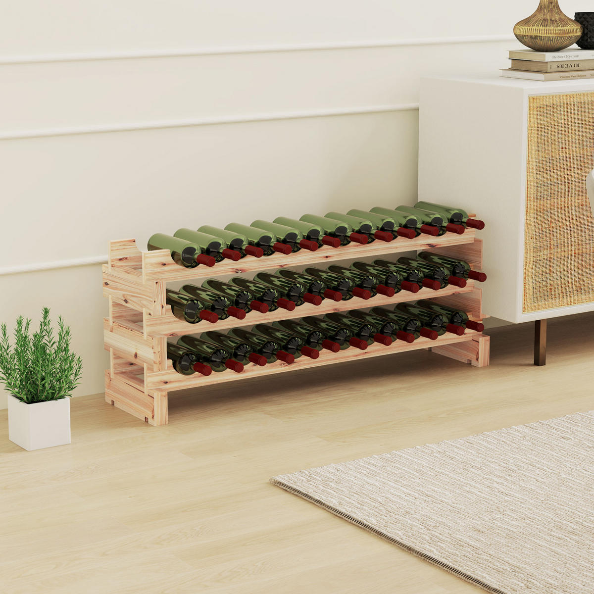 WEINREGAL, 36 Flaschen, 3 verstellbare Ebenen, Naturholz, 114x28x42,5cm - Multicolor, Metall (114/42.5/28cm) - FORIOUS