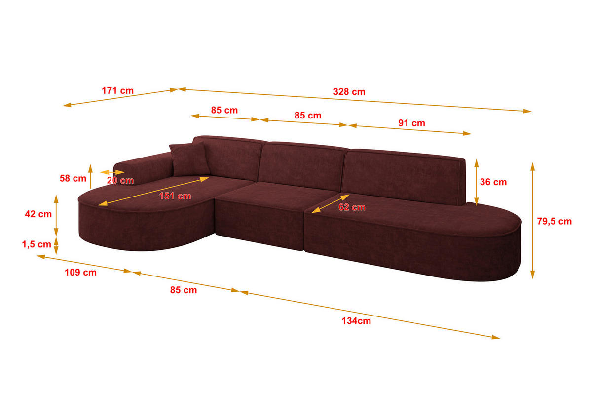 ECKSOFA Ottomane Links MARI-L2 - 328x171x79 cm Bordeaux Velours - Bordeaux/Schwarz, Holzwerkstoff/Kunststoff (328/171cm) - ALTDECOR