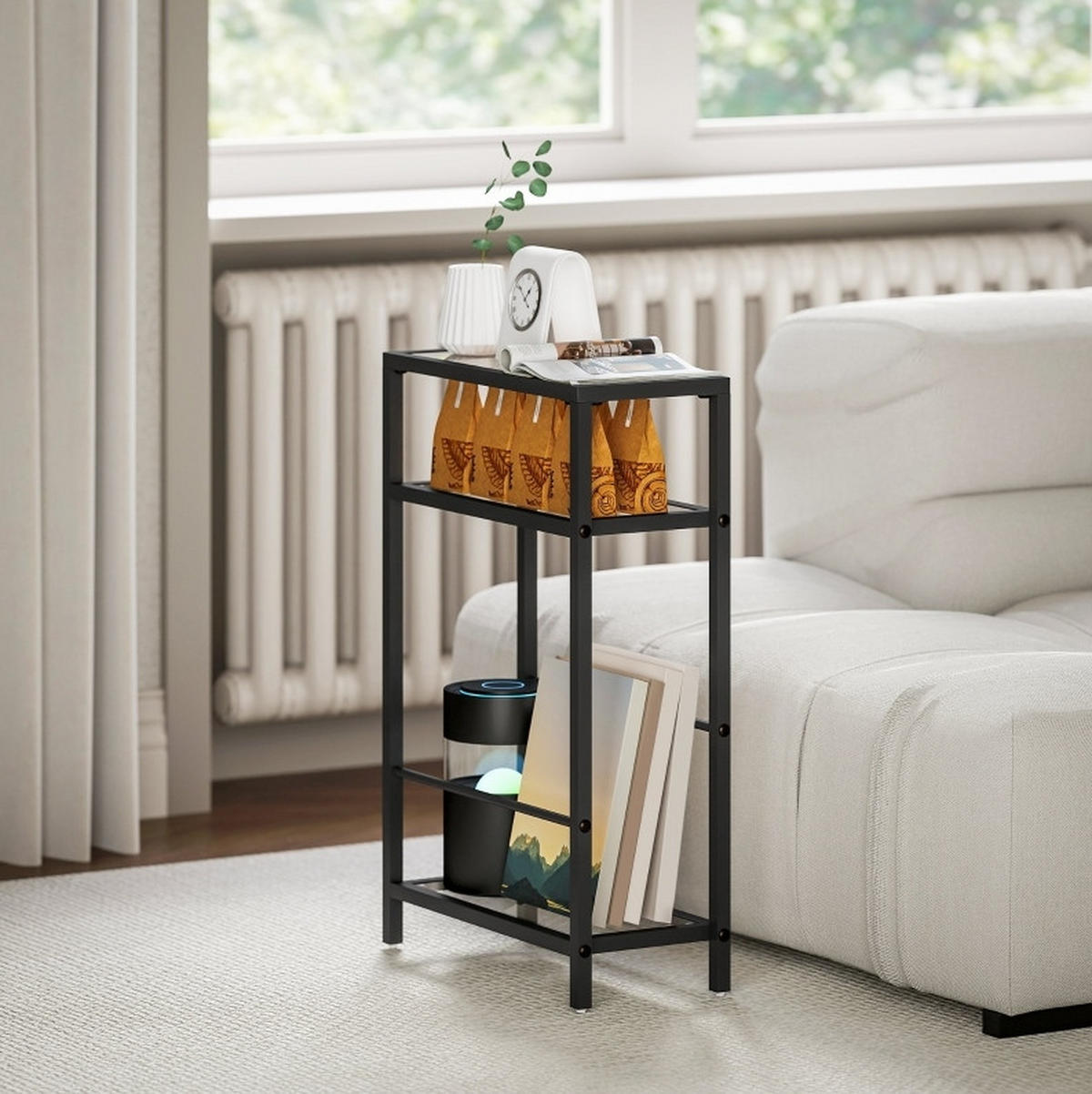 BEISTELLTISCH 18/40/62 cm mit 3 Glasablagen, platzsparendem Design und Stahlrahmen, Schwarz - Schwarz, Glas (40/18/62cm) - Redom