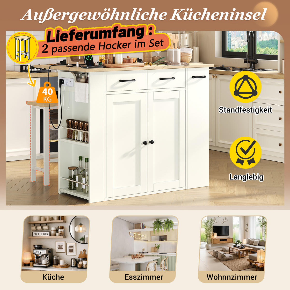 KÜCHENINSEL 120/70/96 cm Weiß mit 3 Schubladen, verstellbaren Einlegeböden, Steckdosenleisten und zwei Stühlen - Weiß, Holz/Holzwerkstoff (120/96/45cm) - Oxeza