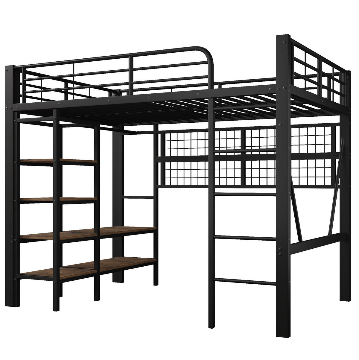 HOCHBETT 140/200 cm mit LED-Lichtleiste, Ablagefach, Hängenetz und Kleiderstange, Metall und MDF, Schwarz - Schwarz, Metall (140/200cm) - Redom