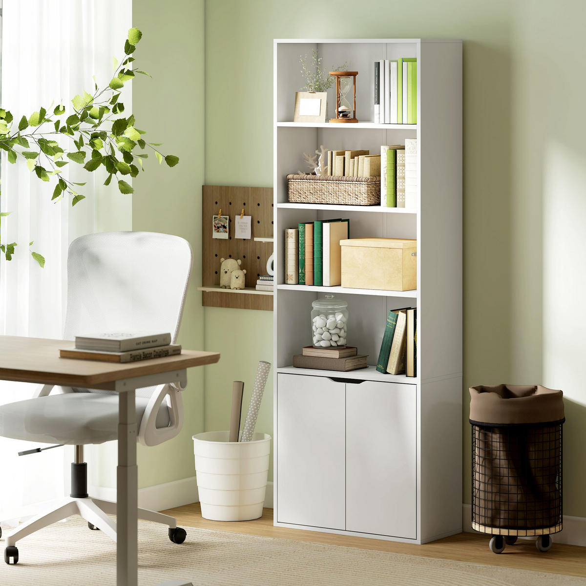 AKTENREGAL DE-14445 mit 4 offenen Fächern und 2 Türen Weiß - Weiß, Holzwerkstoff (29/180/59cm) - ComfortXL