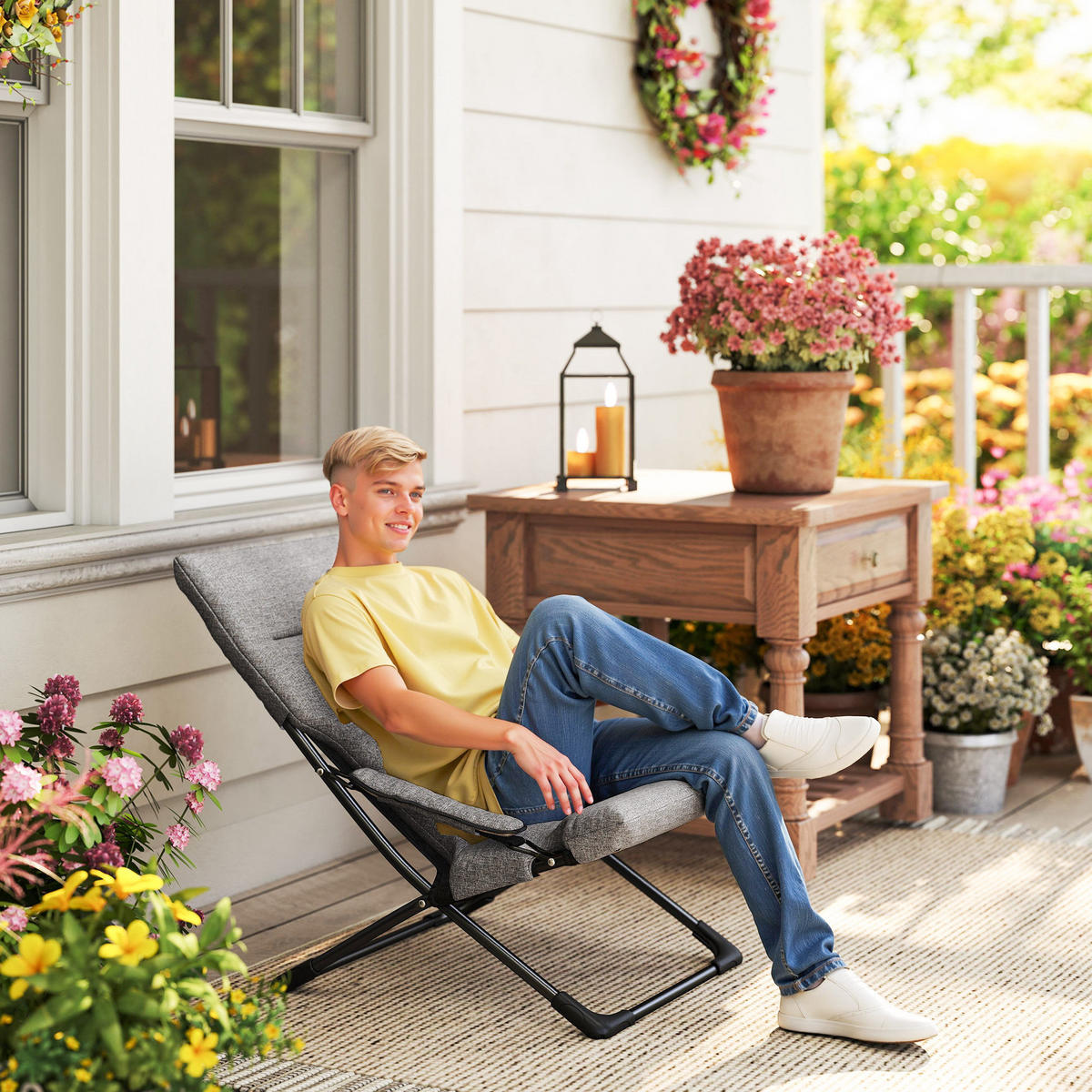 GARTENSTUHL DE-06871 Klappstuhl mit abnehmbarer Auflage und Mesh-Bezug Grau - Grau, Textil/Metall (94/79/66cm) - ComfortXL