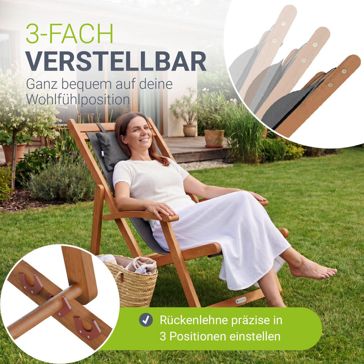 SONNENLIEGE Tavira Akazie dunkelgrau klappbar - Dunkelgrau, Holz (60/110/110cm) - Juskys