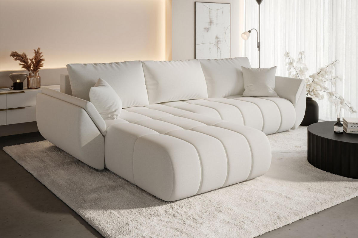 ECKSOFA TOKYO PREMIUM mit Schlaffunktion, Stoff WIND, Ecru, Links - Ecru, Holz (280/190cm) - Kaiser Möbel