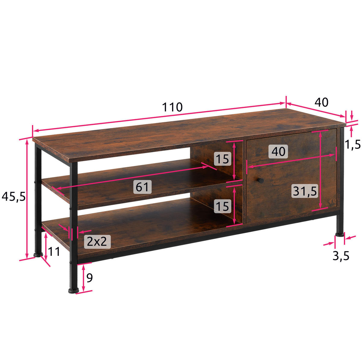 TV-REGAL Durban,110 x 40 x 45,5 cm,Industrial Holz dunkel, rustikal - Rostfarben, Holzwerkstoff (40/45.5/110cm) - tectake