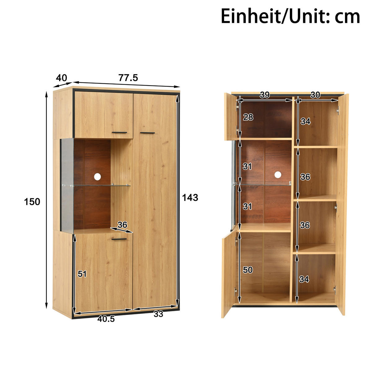VITRINE aus MDF 40x77,5x150 cm Naturfarben mit LED-Beleuchtung, Glastür und 3 verstellbaren Einlegeböden - Naturfarben, Holzwerkstoff (77.5/150/40cm) - Modfu