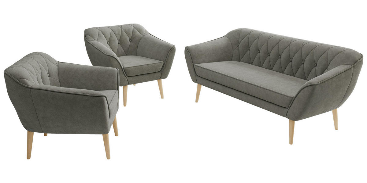 SEDACIA ZOSTAVA 3+1+1 PIRS - Sivá Štruktúrovaná látka - Drevené nohy - farba buka/sivá, kompozitné drevo/textil (180/75/74cm) - MKS
