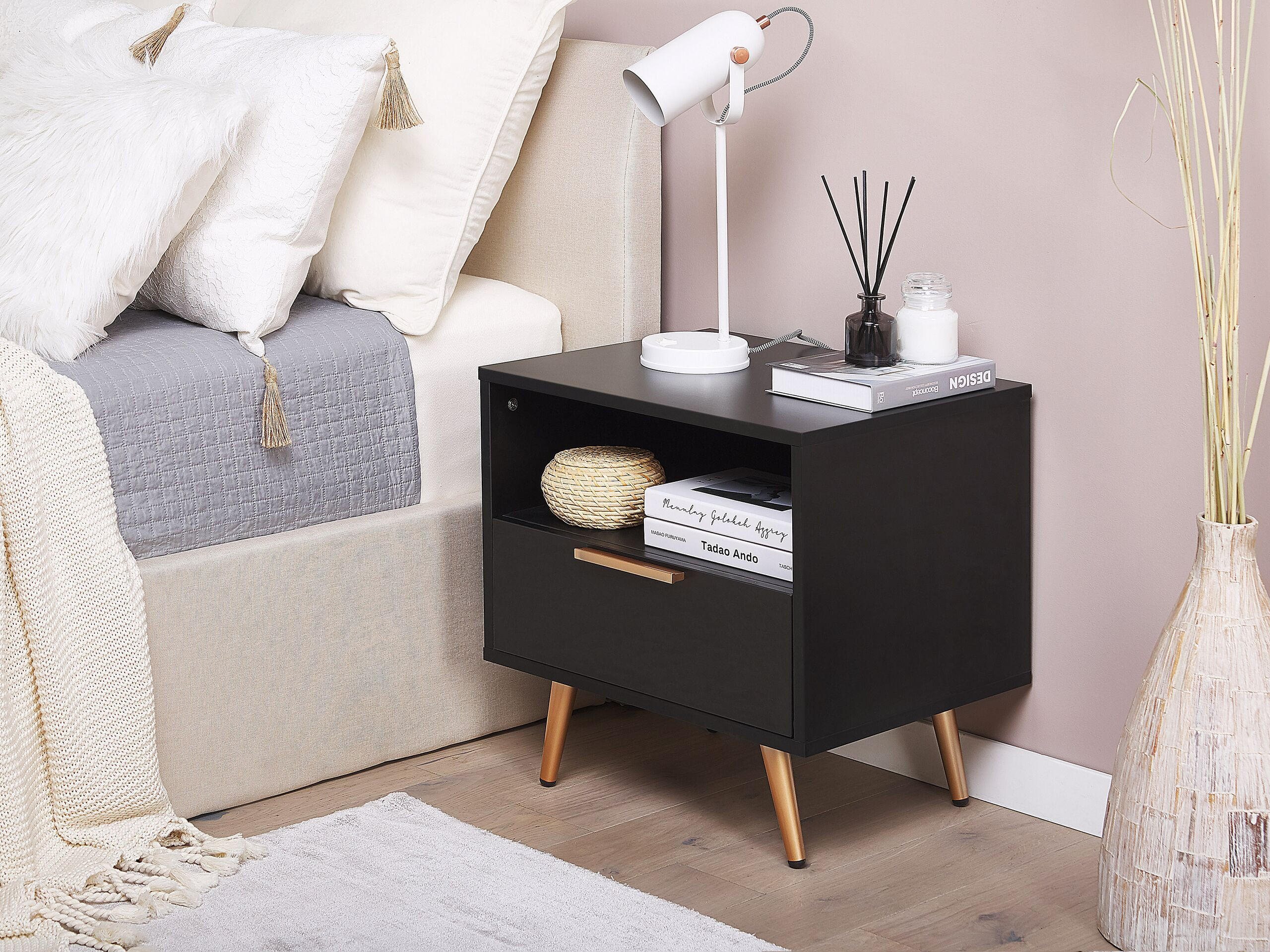 NACHTTISCH schwarz rechteckig 50/40 cm Indio - Goldfarben/Schwarz, Holzwerkstoff (50/51/40cm) - Beliani