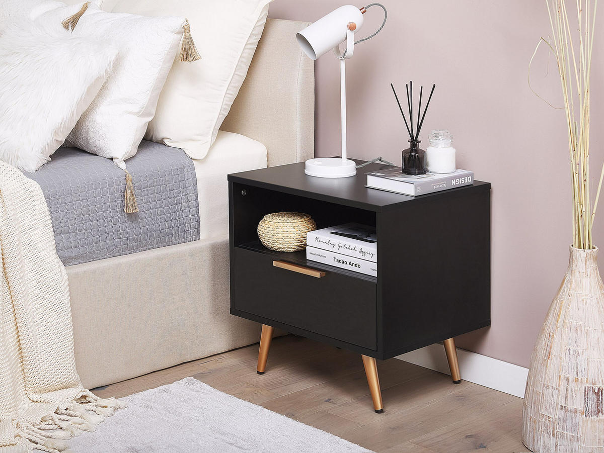 NACHTTISCH schwarz rechteckig 50/40 cm Indio - Goldfarben/Schwarz, Holzwerkstoff (50/51/40cm) - Beliani