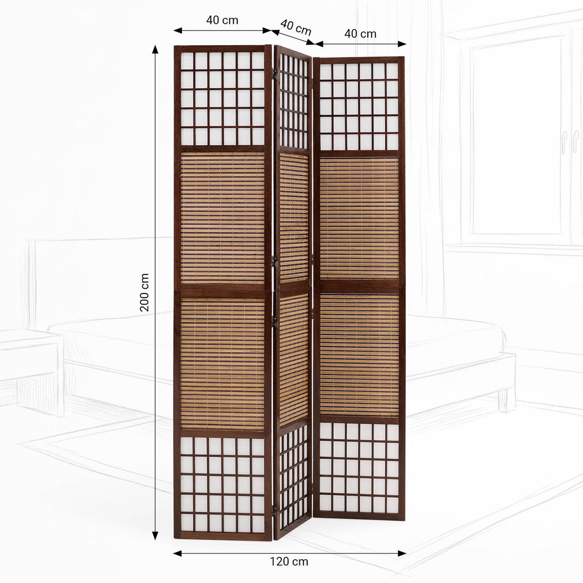 PARAVENT 3-tlg. 120/200 cm Braun Bambusstreben - Braun, Holz (120/200/2cm) - Homestyle4u