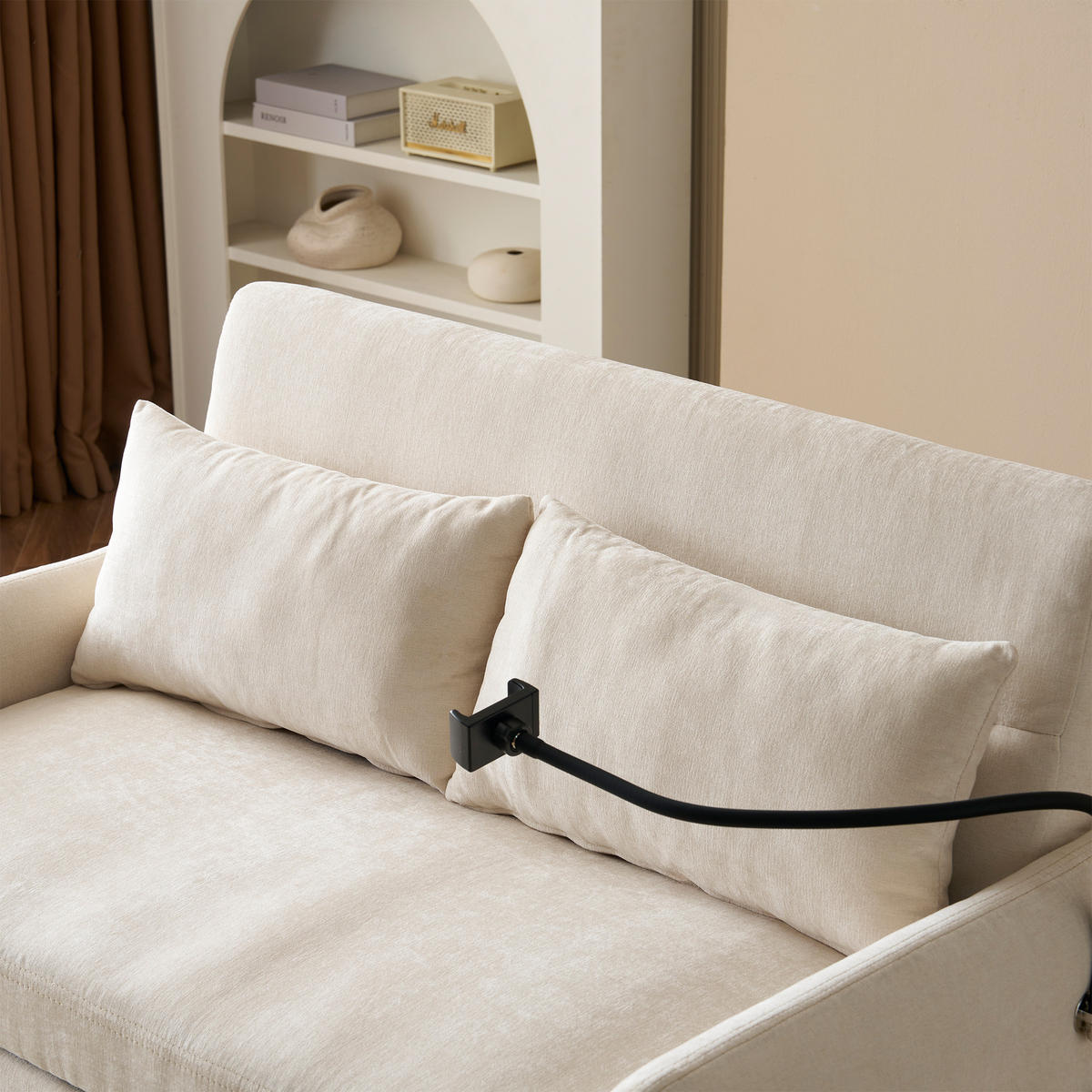 SCHLAFSOFA klappbar mit Rückenlehne, Handyhalter und USB - Beige, Textil (129/81/76cm)