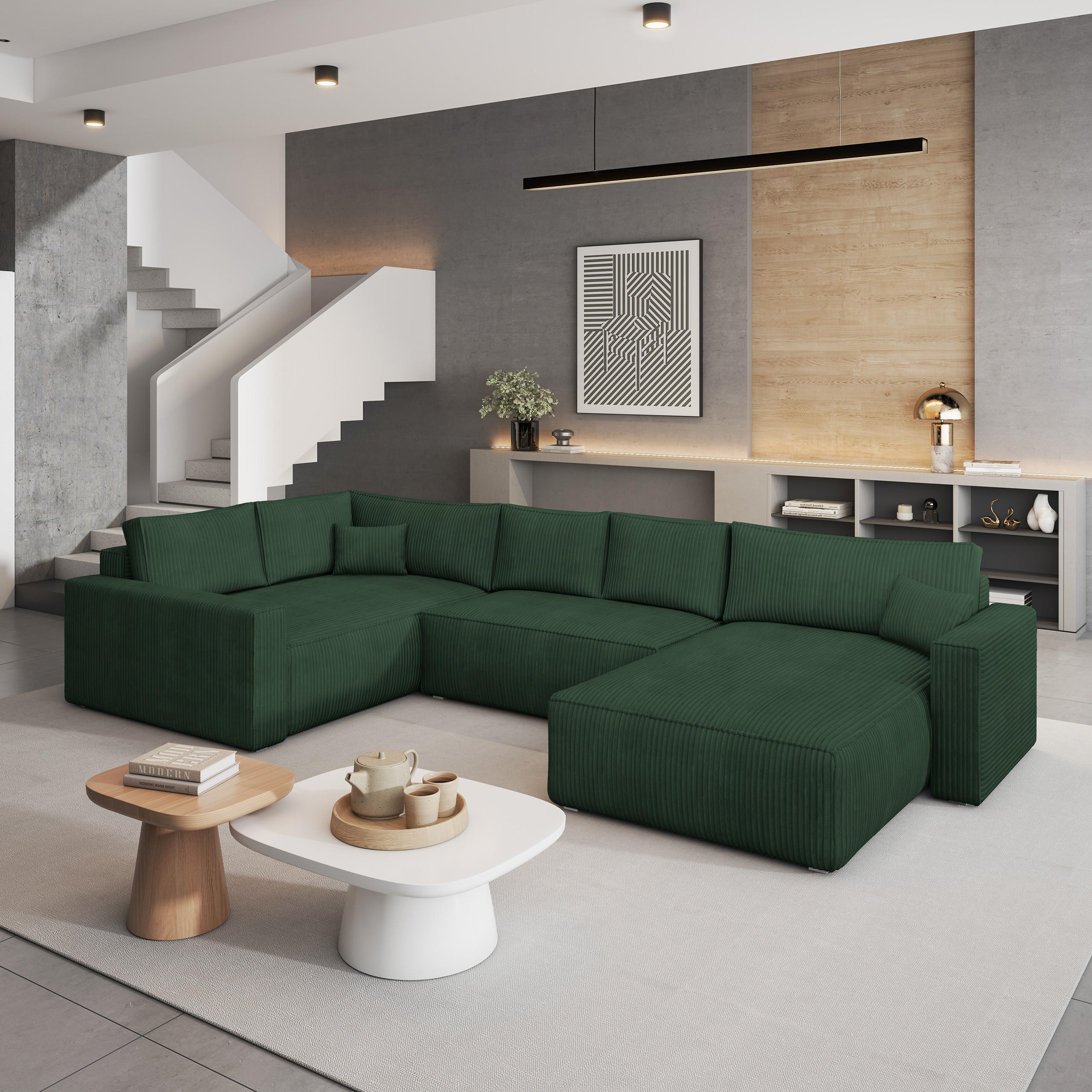 WOHNLANDSCHAFT VELAMI L-S Grün Kordstoff mit Schlaffunktion - Grün, Holz (365/83/194cm) - MASSENO
