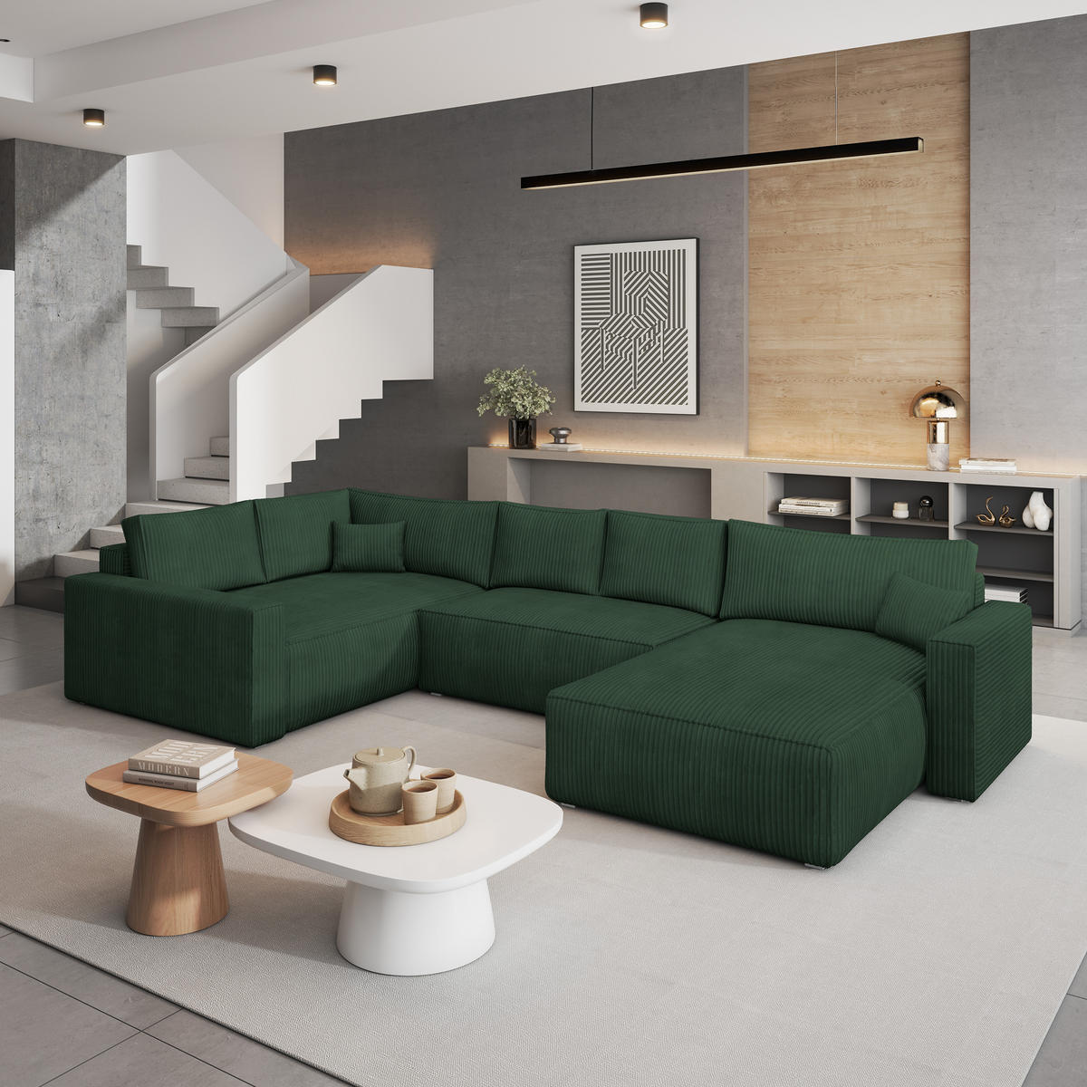 WOHNLANDSCHAFT VELAMI L-S Grün Kordstoff mit Schlaffunktion - Grün, Holz (365/83/194cm) - MASSENO