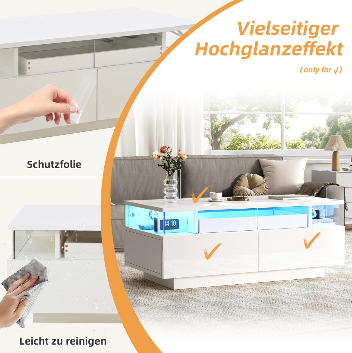 KLUBSKA miza, 90/45/35,5 cm bela, z LED-osvetlitvijo in 2 predaloma - bela, leseni material (90/45/35.5cm) - BEAOK