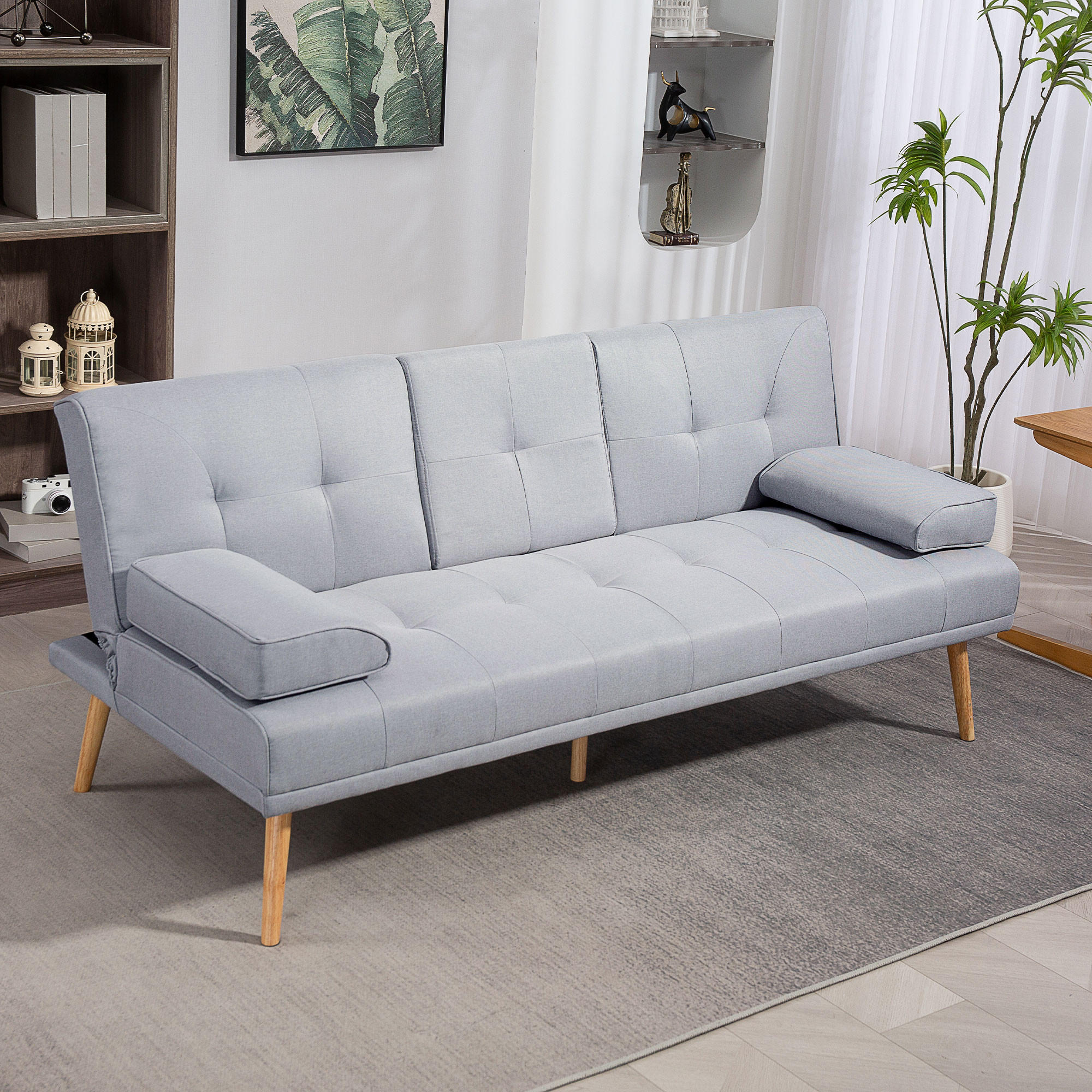 SCHLAFSOFA Sofabett Schlafcouch 3 Sitzer Leinen Hellgrau - Hellgrau/Naturfarben, Holz/Textil (77/78/181cm) - HOMCOM