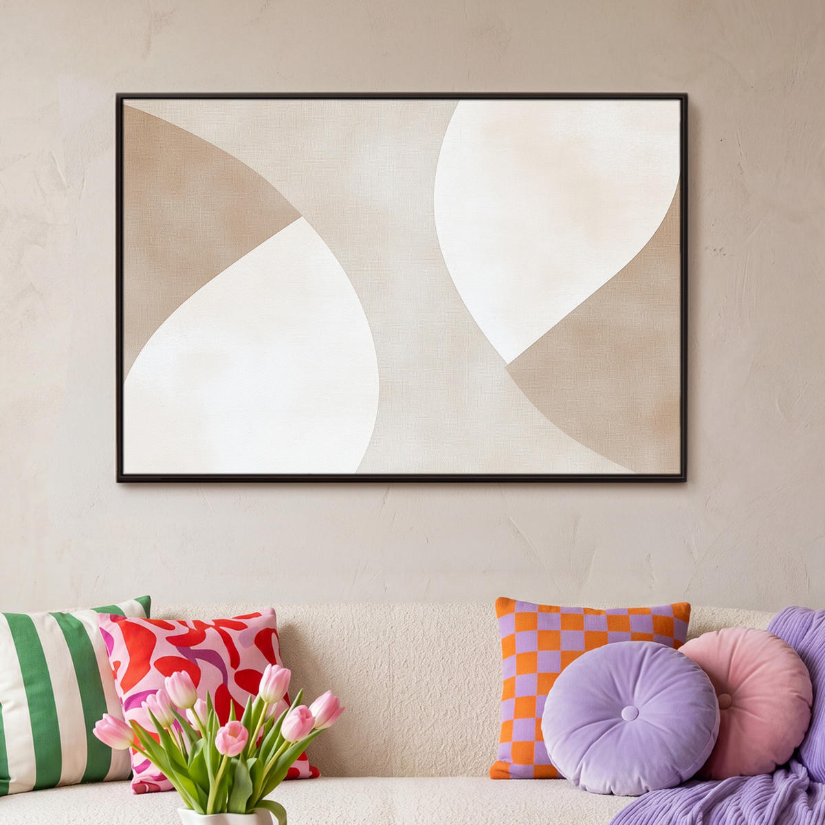 LEINWAND Bilder mit Rahmen - Braun - Japandi - Abstrakt - 90x60 - Sandfarben, Textil (90/60cm) - MuchoWow