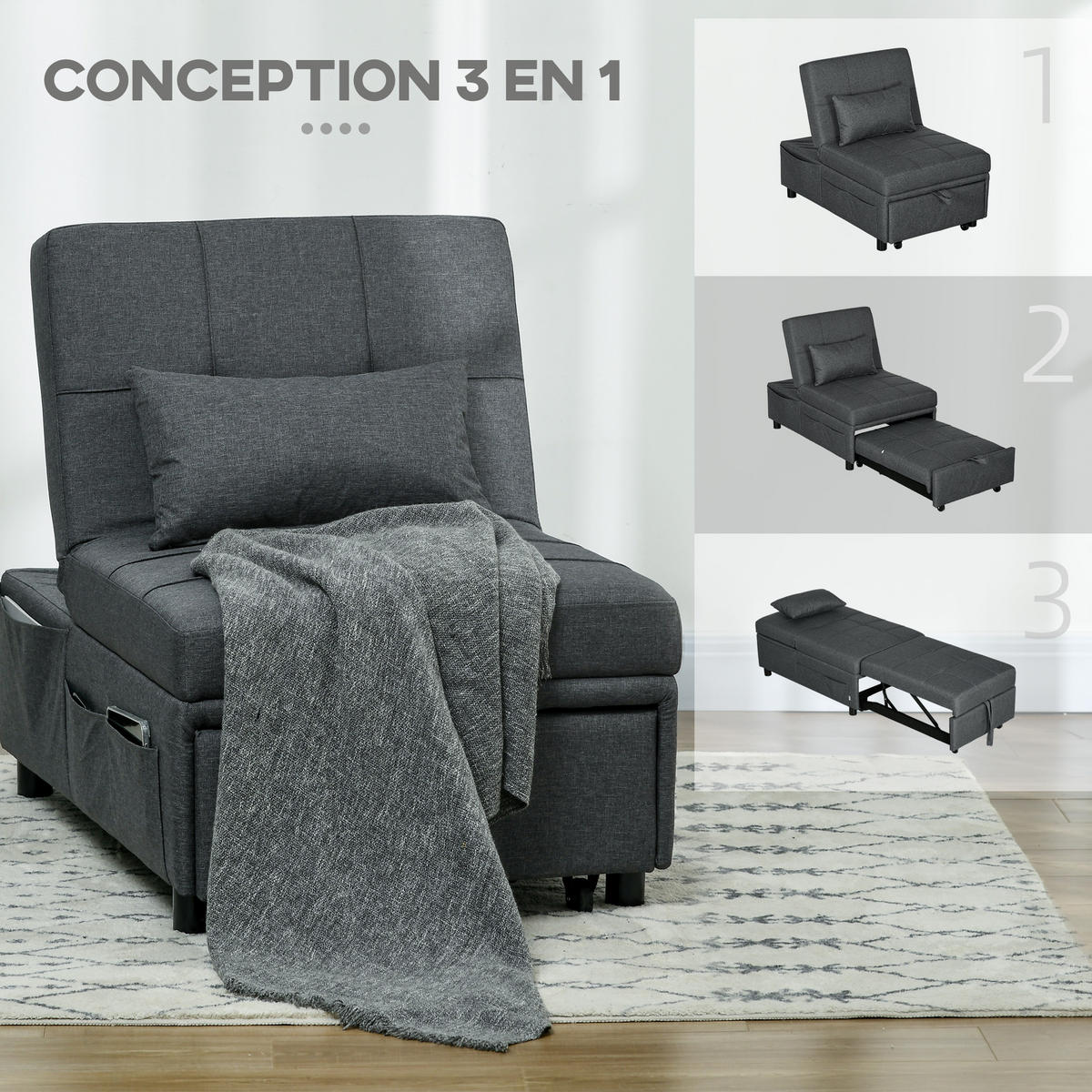 SCHLAFSESSEL 3-in-1 DE-14665 verstellbare Rückenlehne & Rollen Grau - Grau, Textil (104/81/65.5cm) - ComfortXL