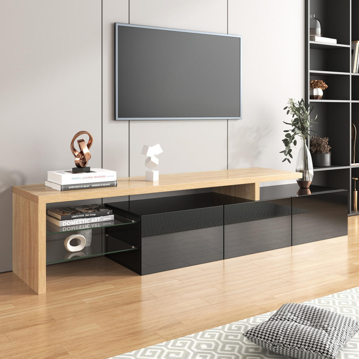 TV-SCHRANK Modern Hochglanzschwarz Holzoptik Glasböden LED-Beleuchtung - Schwarz, Holz (48/22/64cm) - FLIEKS