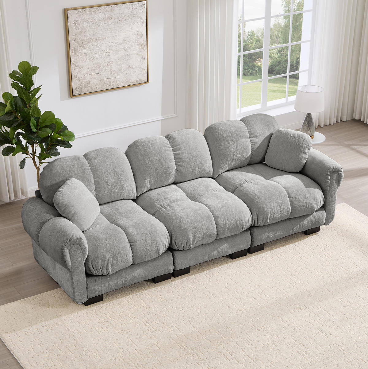 SOFA 260/86/90 cm in Hellgrau aus Chenille mit Steppnaht und Modulsystem - Hellgrau, Textil (86/90/260cm) - Flora Grace
