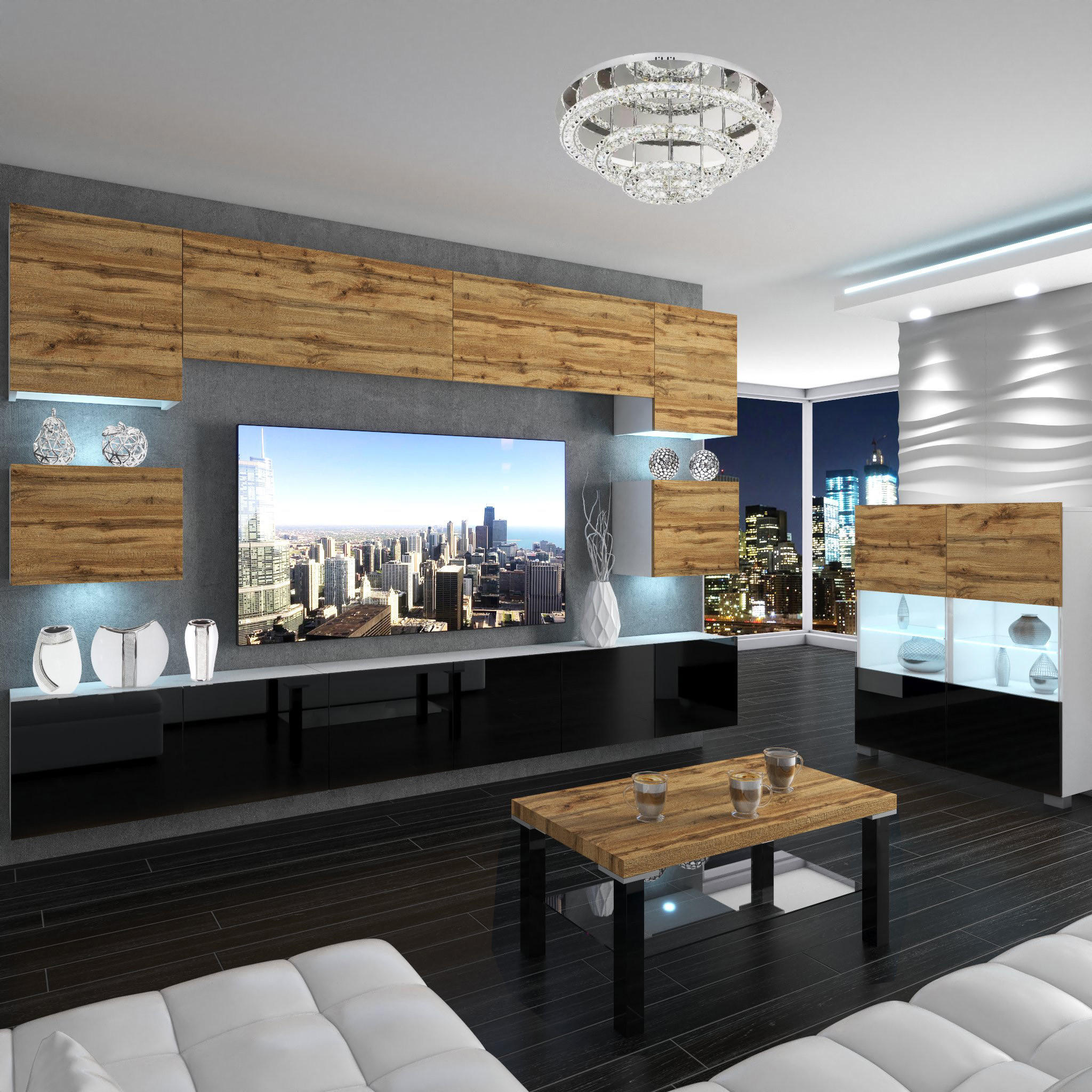 WOHNZIMMERWAND Schrankwand mit LED Eiche Wotan / Schwarz - Eiche Wotan/Schwarz, Holz (300/180/36cm) - B BELINI GROUP