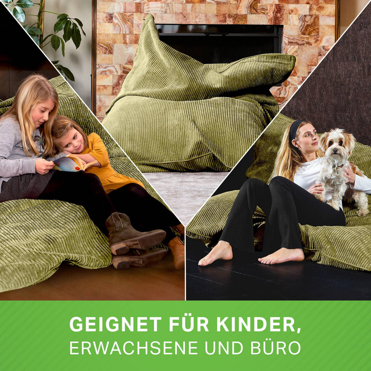 SITZSACK XXL "Square" aus Cord – 370 L - Grün, Textil (140/25/180cm) - Green Bean