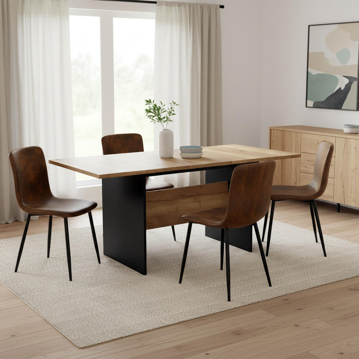 TISCHGRUPPE 5-teilig Ausziehtisch 140–180 cm Eiche-Optik & 4 Stühle Vintage-Braun - Schwarz/Eiche San Remo, Holzwerkstoff/Textil (180/75/80cm) - Urban Meuble