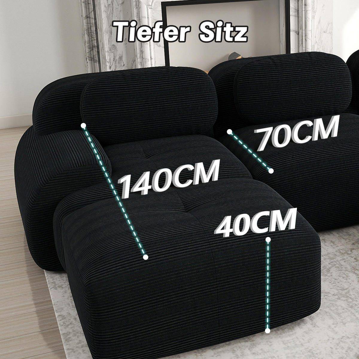 2MÍSTNÁ modulární pohovka černá z manšestru s ergonomickými područkami a protiskluzovou základnou - černá, textil (178/75/208cm) - OKWISH