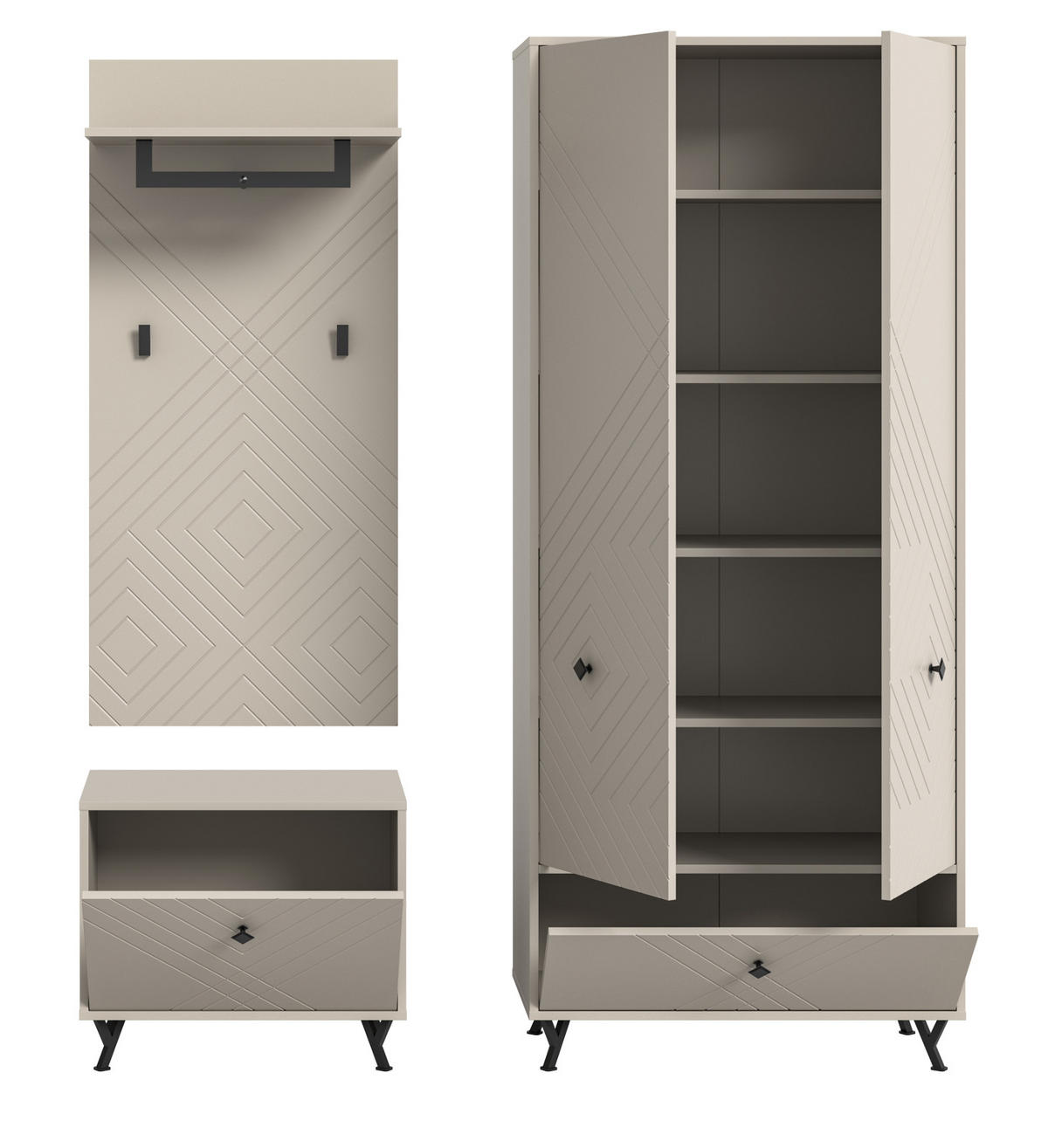 GARDEROBE Set 3-teilig Sand matt 195 cm, Garderobenkombination mit gefräster Struktur - Sandfarben/Beige, Holzwerkstoff/Metall (155/190/35cm) - Inn.Furn