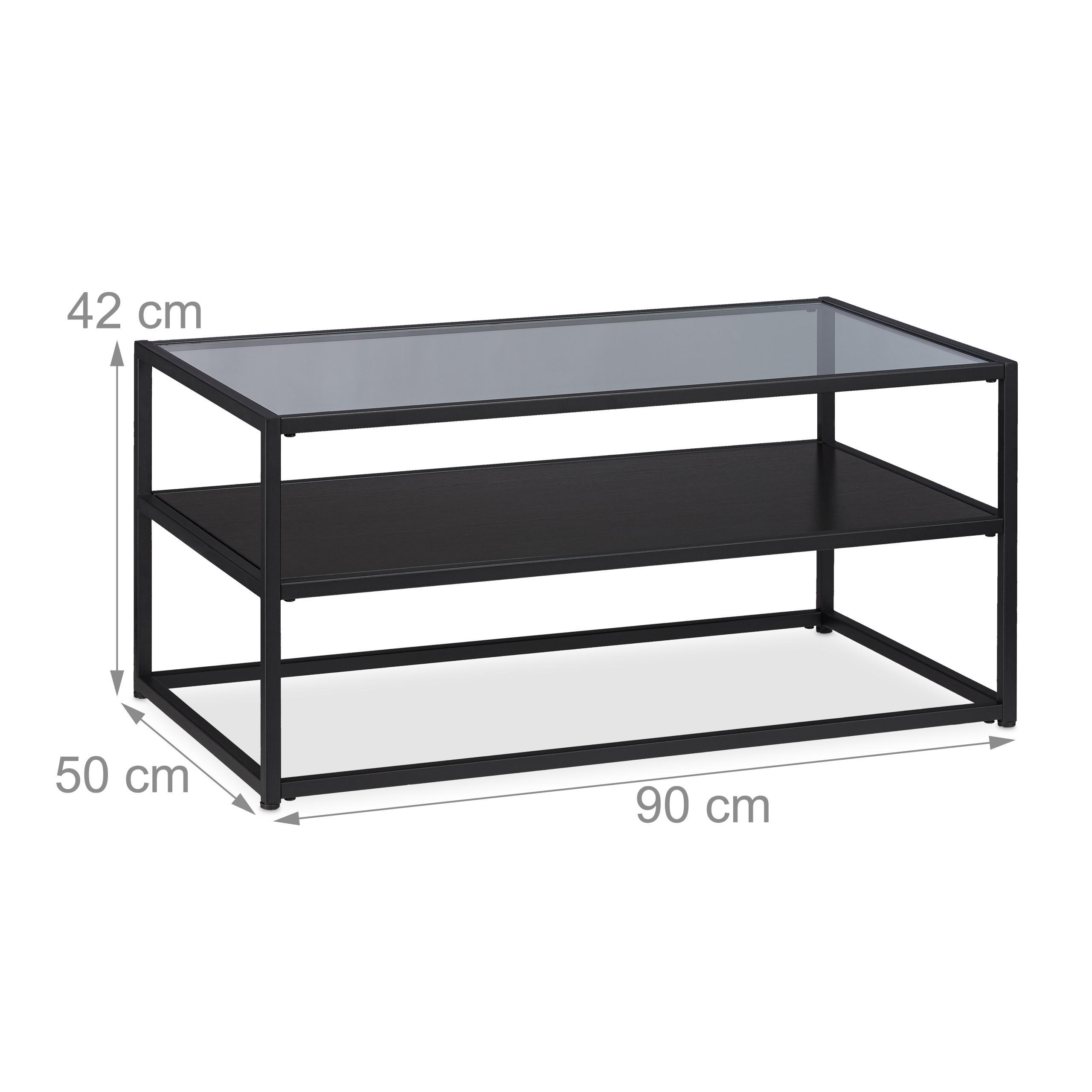 Thumbnail - Relaxdays Couchtisch, Schwarz, Metall, Holzwerkstoff, Glas, 90x42x50 cm, Wohnzimmer, Wohnzimmertische, Couchtische