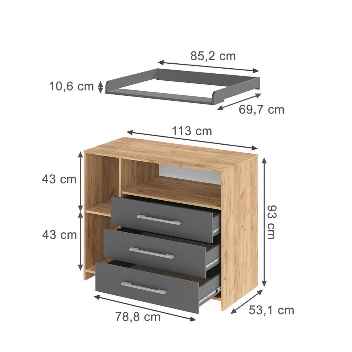 WICKELKOMMODE Oskar Anthrazit/Sonoma 113 x 100 cm - Anthrazit/Sonoma Eiche, Holzwerkstoff (113/100/53cm) - Vicco