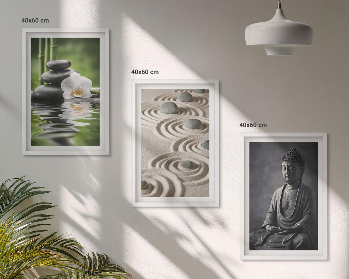 BILDER SET 3er Set - 40x60 cm Weißer Rahmen - Entspannender Blick auf den Zen-Buddha - Weiß, Kunststoff (40/60cm) - TULUP