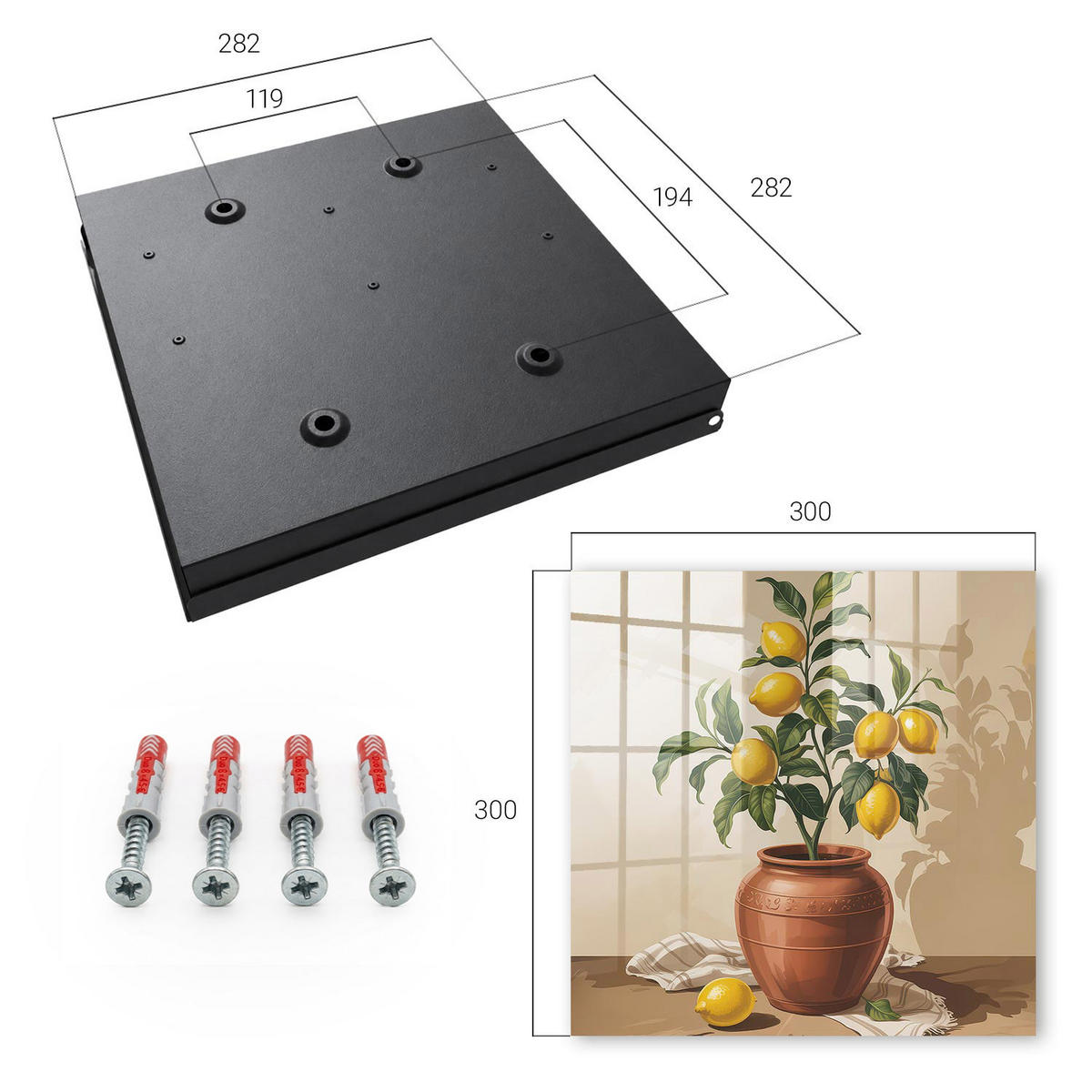 SCHLÜSSELBOX Schwarz 30x30 cm- Türöffnung nach rechts - Zitronenbaum - Gelb, Metall (30/30/5cm) - TULUP