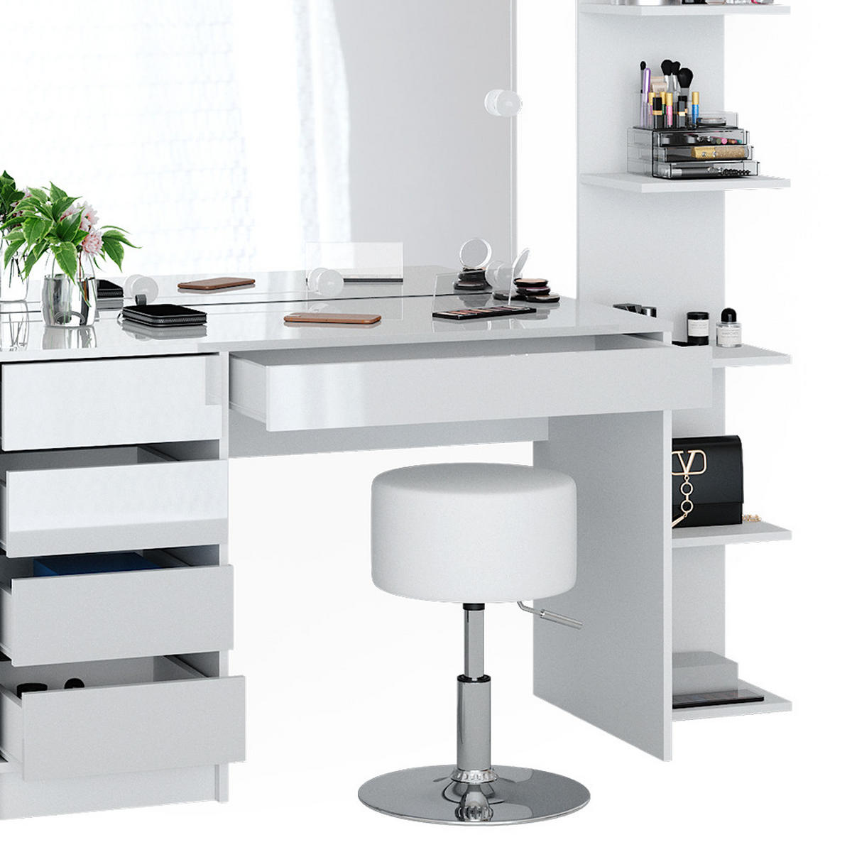 SCHMINKTISCH Sherry Weiß 4 Teile mit Aufbewahrungsregal Spiegel Hocker LED - Weiß, Holzwerkstoff (55/75/120cm) - Vicco