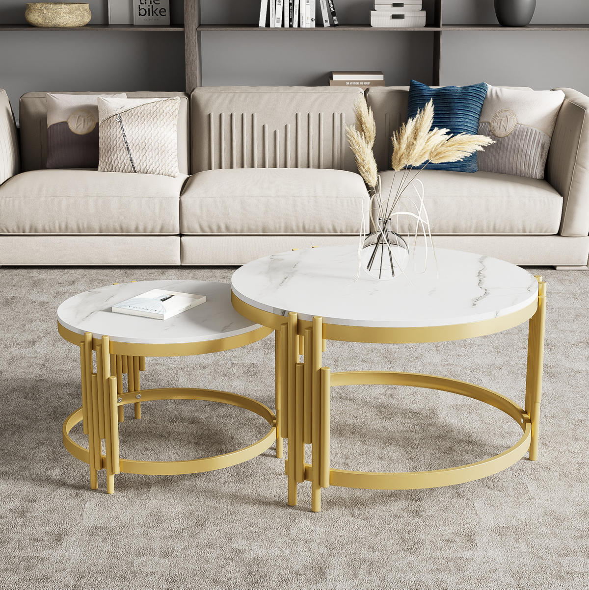 COUCHTISCH-SET 71,5/71,5/44 cm in Marmoroptik, nestbar mit goldenem Metallrahmen - Messingfarben, Holzwerkstoff (71.5/58/44cm) - Flora Grace