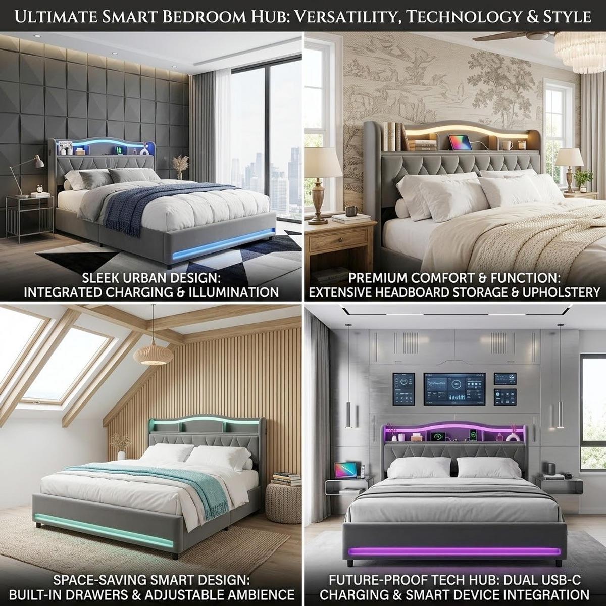 POLSTERBETT Geometrisch 140/200 cm mit 4 Schubladen & App-LED Samtoptik Grau - Grau, Textil (140/200cm) - Creahappy