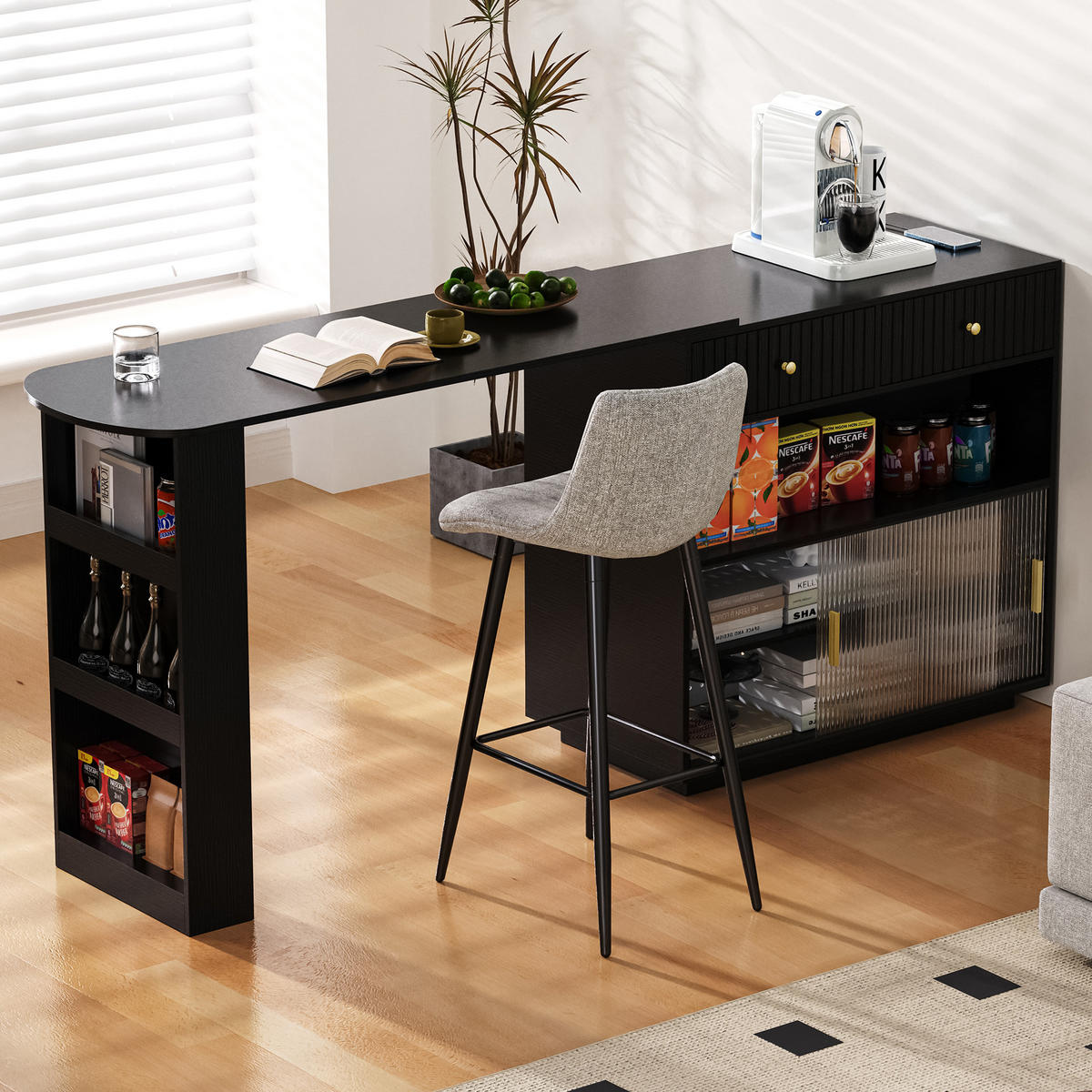 BARTISCH 120/50/95,5 cm in Schwarz mit Stauraum und LED-Beleuchtung - Schwarz, Holzwerkstoff (50/120/95.5cm) - BEAOK