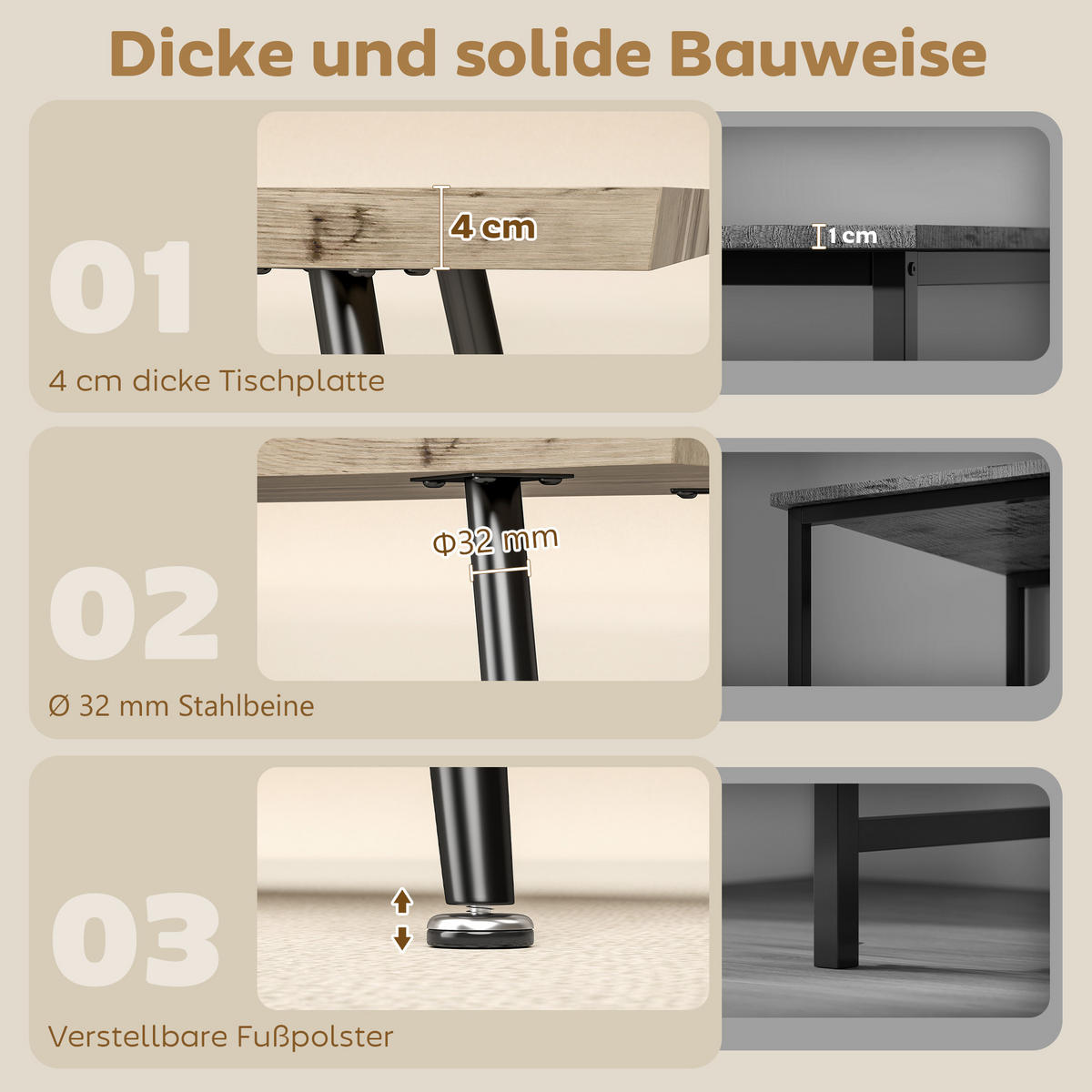 COUCHTISCH Beistelltisch mit Stahlbeine, 4 cm dicker Tischplatte Wohnzimmertisch 100 x 50 x 45 cm Eiche+Schwarz - Eichefarben, Holzwerkstoff (50/100/45cm)