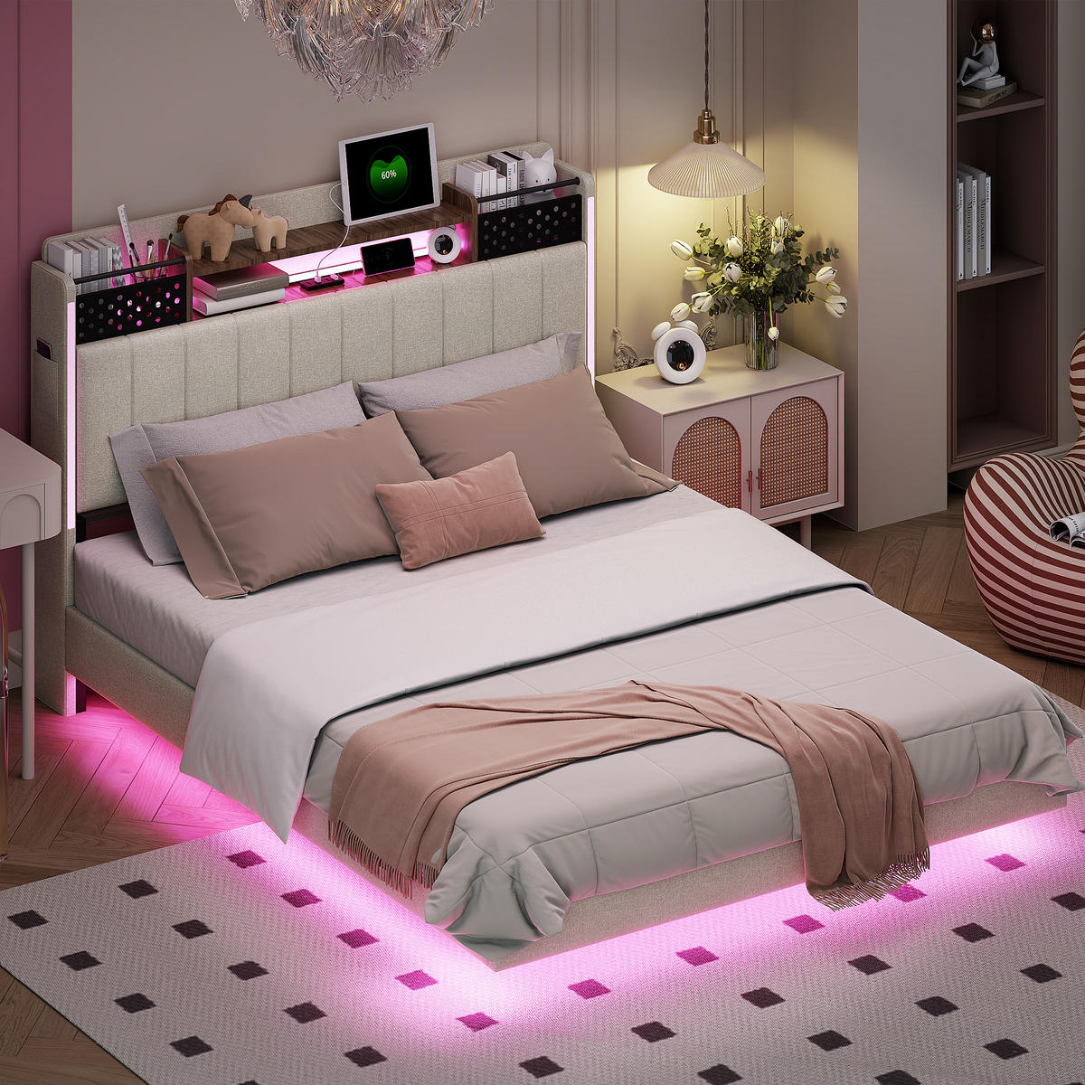 POLSTERBETT 140x200 cm mit LED, Steckdosen, Kopfteil-Stauraum, Beige - Beige, Holz (140/200cm)