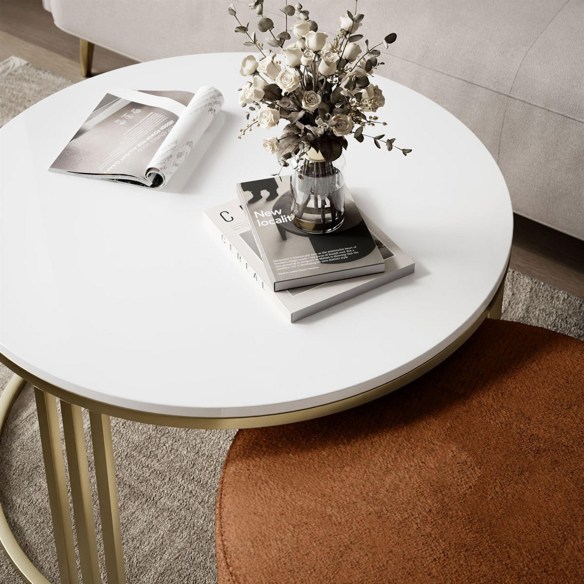 COUCHTISCH mit Hocker LORI Hochglanz gebürstetes Gold/weißer Glanz/Perfect Harmony 52 - Weiß, Metall (70/70/49cm) - Lookway