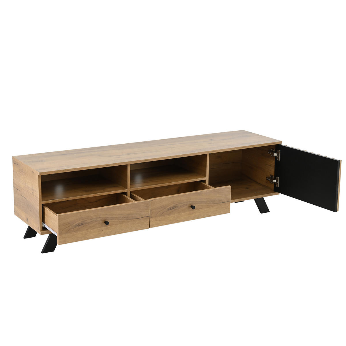 TV ormarić 150/38/44 cm prirodna boja drva i crni od iverice s 2 ladice i ormarićem - prirodne boje, drvni materijal (150/44/38cm) - OKWISH