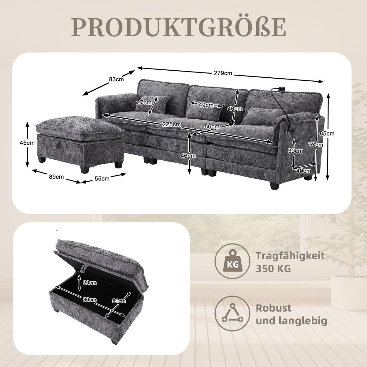 ECKSOFA mit USB-Anschluss und Seitentasche Chenille Grau 279/83/85 cm - Grau, Textil (279/83cm) - OKWISH
